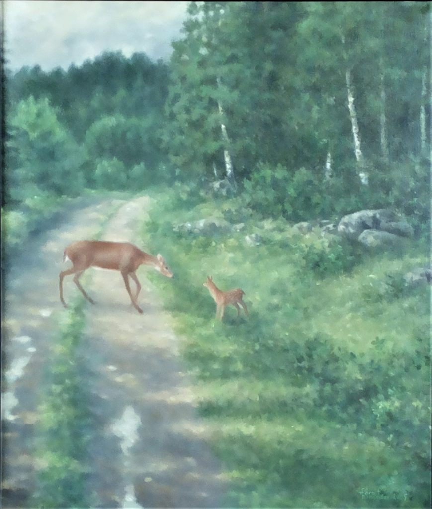 Peura ja vasa ylittävät metsatietä, öljymaalaus.