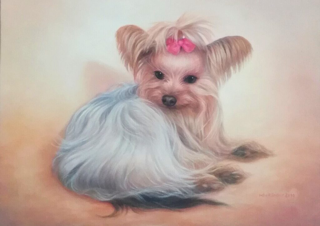 Makaava pikkukoira Viivi, öljyvärimaalaus.