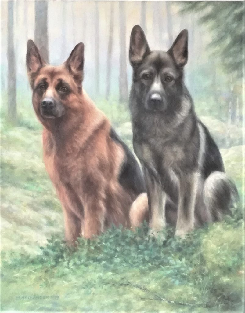 Saksanpaimenkoirat, öljymaalaus kahdesta istuvasta koirasta metsässä.