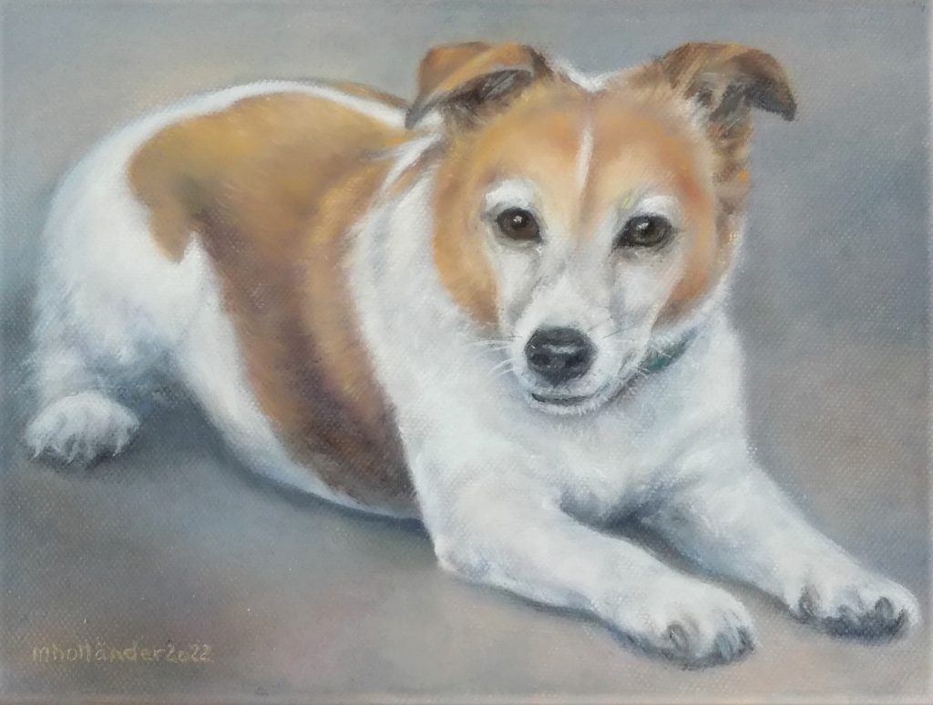 Jackrussel, öljyvärimaalaus makaavasta koirasta.