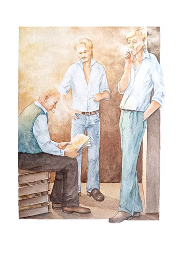 Vesivärityö, jossa kolme miestä polttaa tupakkaa ja pilaavat ilmaa.