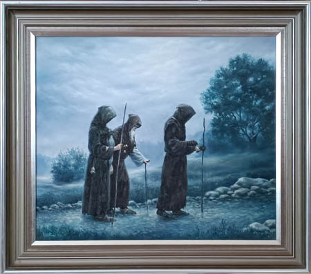 Kolme kaapuihin pukeutunutta keskiaikaista ruttotautista kulkee tiellä.