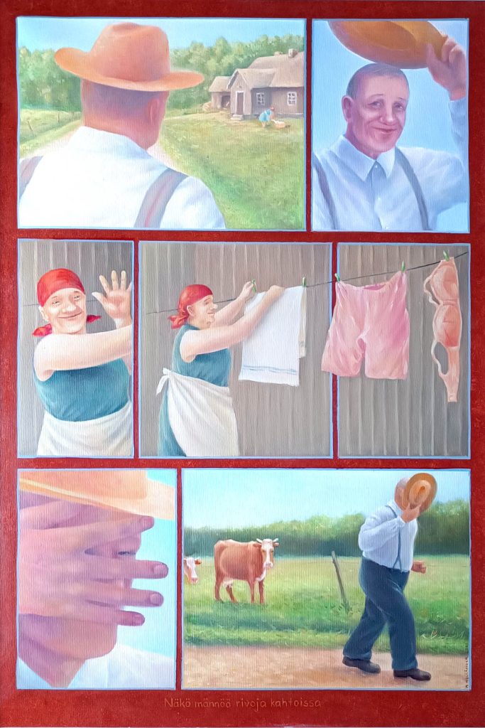 Sarjakuvana toteutettu naivistinen öljymaalaus. Muija ripustaa alusvaatteita narulle. Ohikulkeva mies peittää silmänsä.