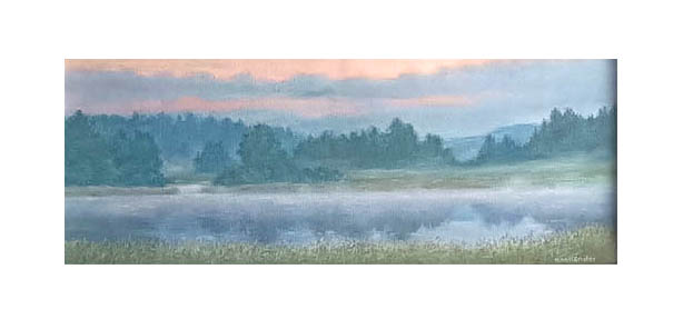 Pastellein maalattu maisema, jossa lampi.