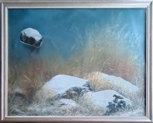 Syksyinen rantaheinikko ja kivikko. Öljyvärimaalaus, etsattu lasi.