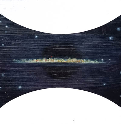 Maalattu puu, jossa avaruudessa kelluva kaupunkihorisontti.