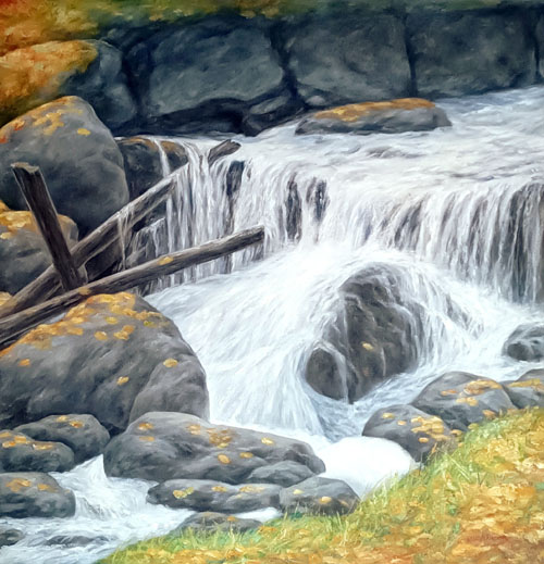 Syksyinen puro, jossa pieni putous. Öljyvärimaalaus.