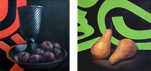 Luumu- ja päärynäasetelmat, öljyvärimaalaus.