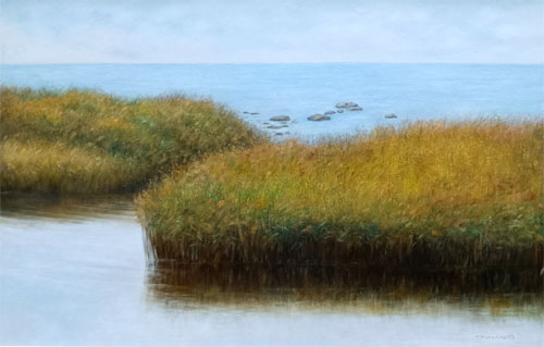 Öljymaalaus. Merimaisema, jonka etualalla ruohomättäät.