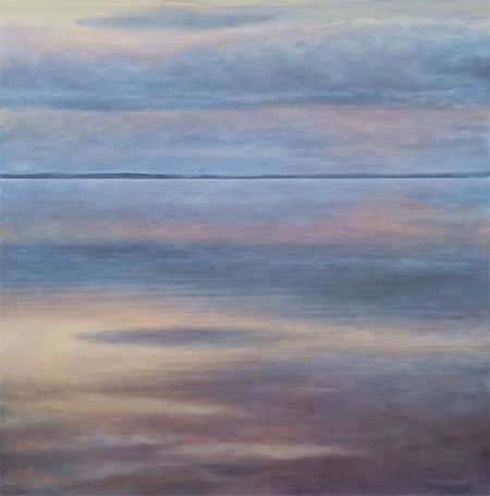 Öljymaalaus. Tyyni järvenselkä iltahämyssä.