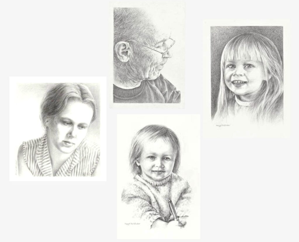Lyijykynäpiirroksia ihmisistä.