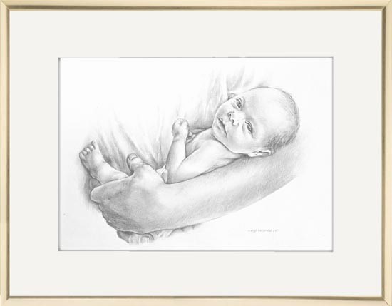 Lyijykynäpiirros vauvasta käsivarrella.